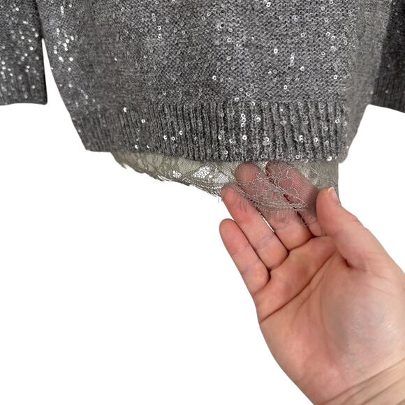 Chico's Women Silver Sequined Sweater Size 0 (US Small/4) Lace Hem Glam Holiday - Picture 4 of 10